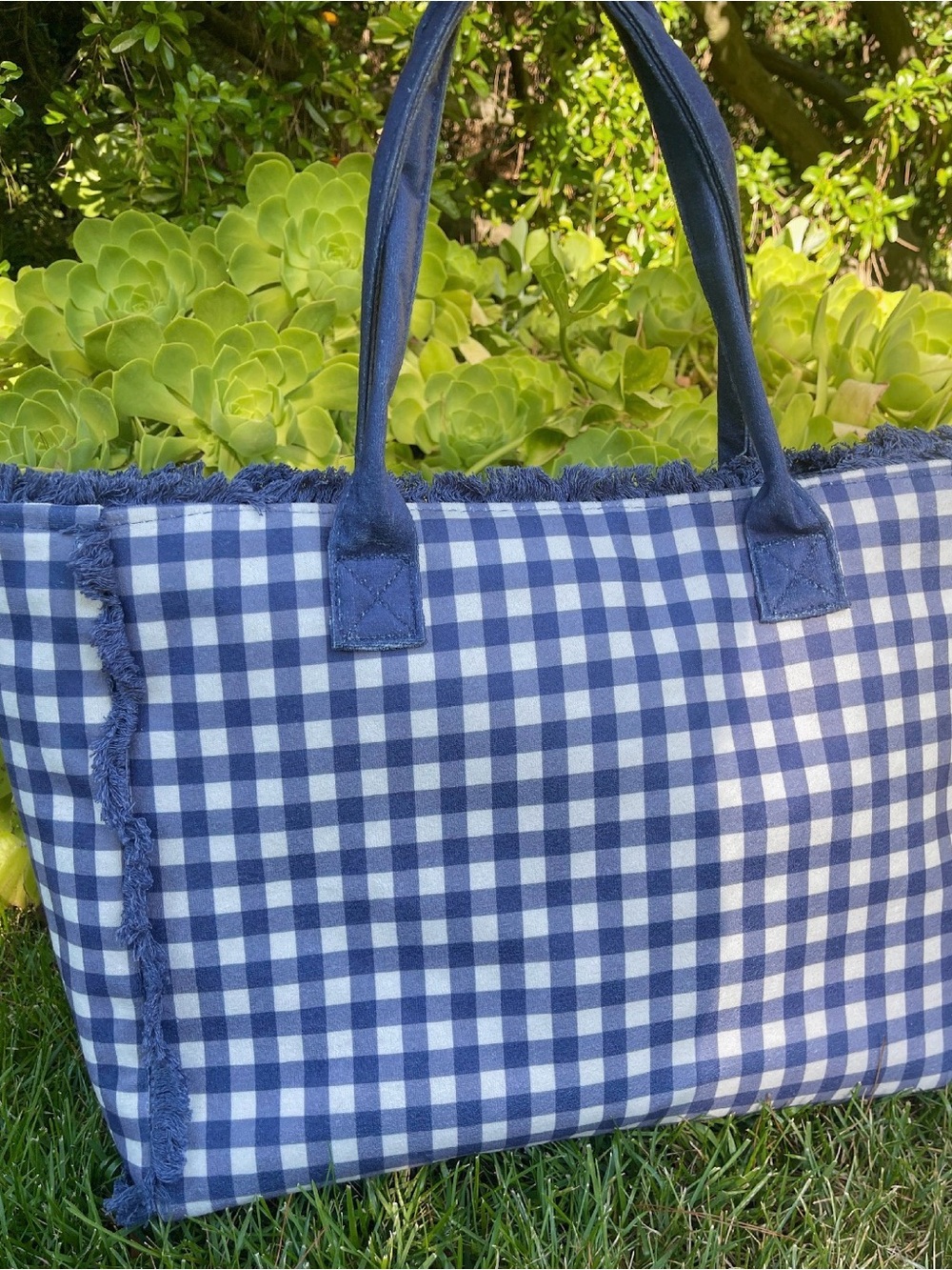 Navy Gingham Tote Bag with Stitched Handles
